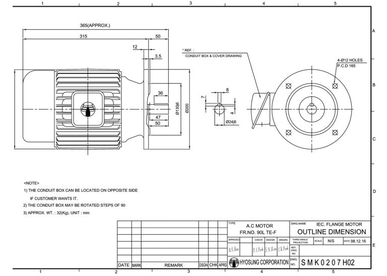 B5/V1 FLANGE형  FR90L 0.75kW(1HP) 6P, 1.5kW(2HP) 4P용