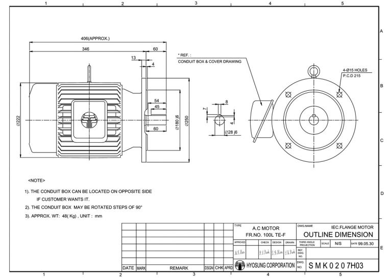 B5/V1 FLANGE형  FR100L 1.5kW(2HP) 6P, 2.2kW(3HP) 4P용