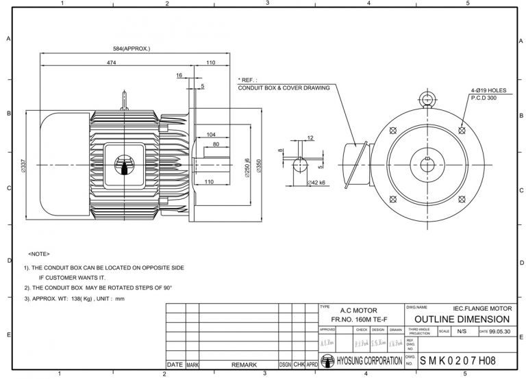 B5/V1 FLANGE형 FR160M 7.5kW(10HP) 6P, 11kW(15HP) 4P형